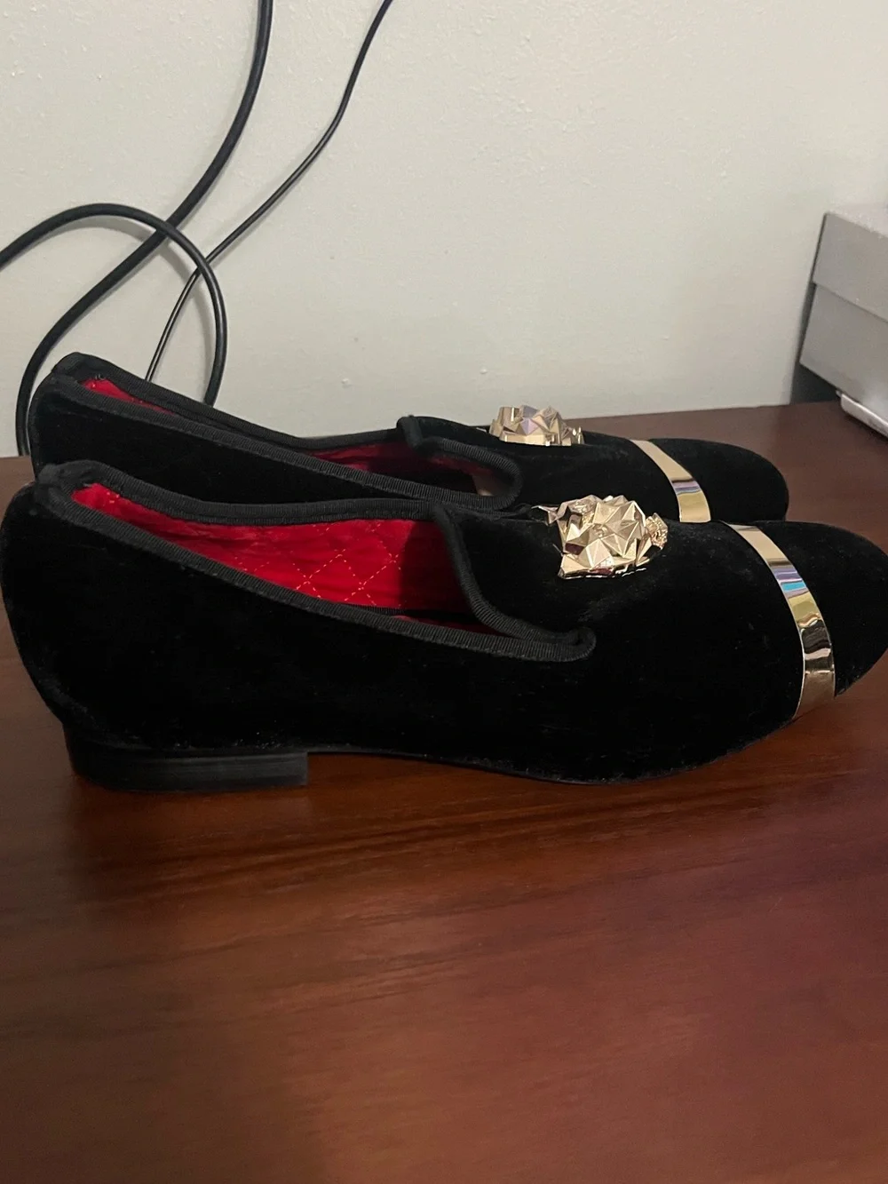 Black Velvet Slip-On Loafers with Rose Gold Accents